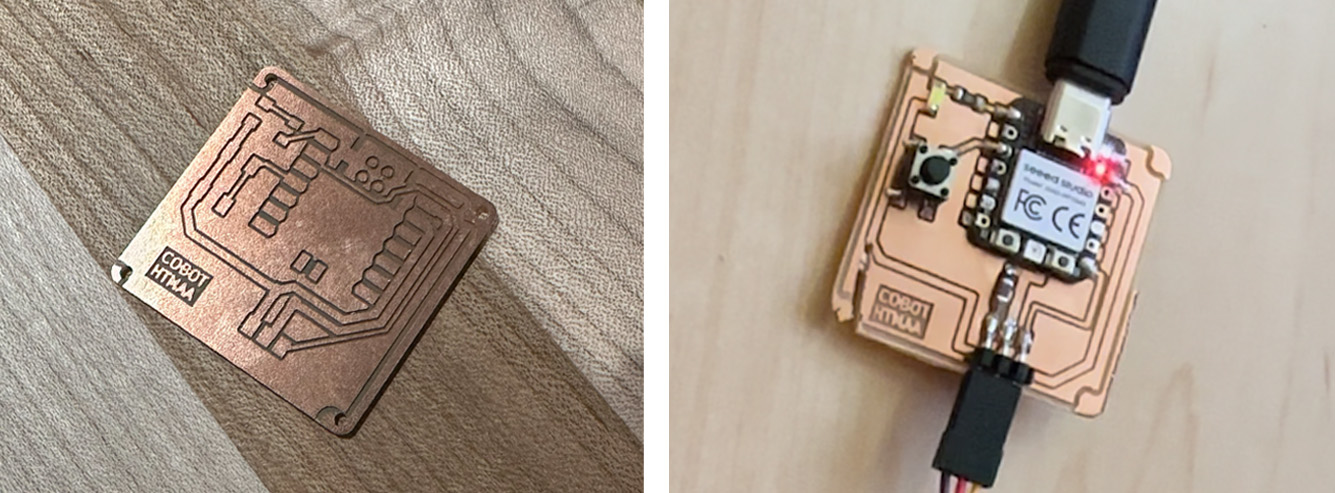 Milled servo board and the same board with the XIAO ESP32-S3 and servo cable connected